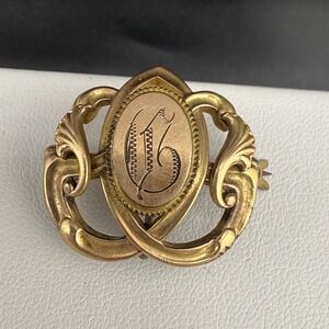 Vintage Monogrammed Pocket Watch Pin Brooch Engraved Gold Tone Victorian